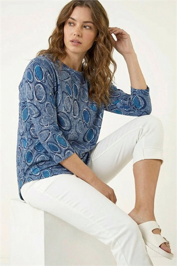 Blue Abstract Printed Raglan Top