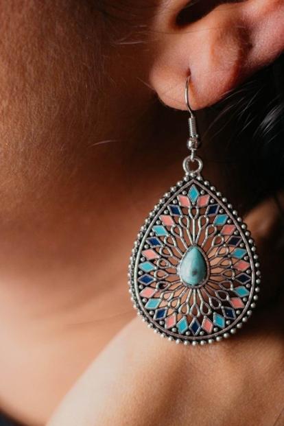 Blue Large Mandala Floral Turquoise Enamel Boho Teardrop Dangler