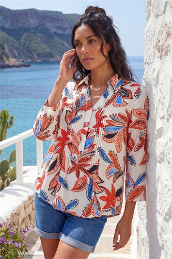 Orange Leaf Print Pintuck V-Neck Top