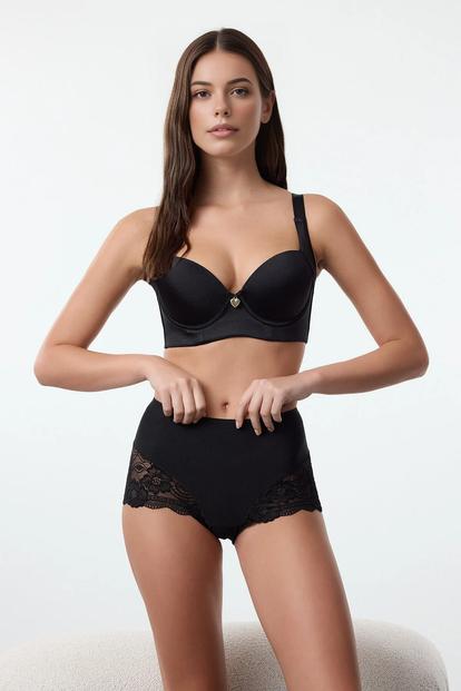 Black High Waist Lace Trim Shaping Knitted Briefs