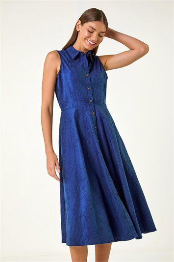 Blue Embroidered Buttoned Midi Dress