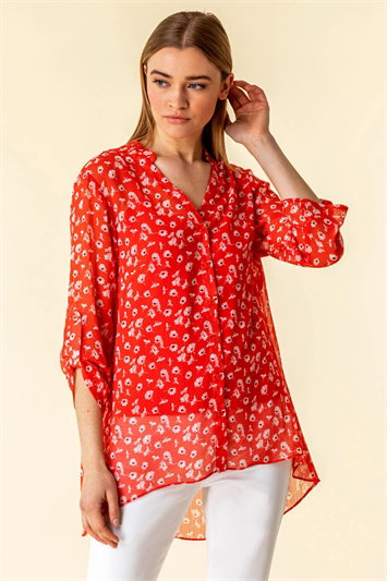 Red Frill Neck Floral Shirt And Cami Top