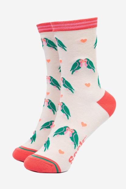 Cream Lovebirds And Hearts Bamboo Socks - Cream