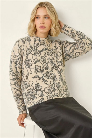 White Mono Floral Knit Jumper