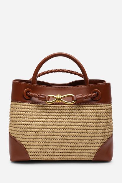 Black Luna Woven Leather Tote Bag With Gold Detail