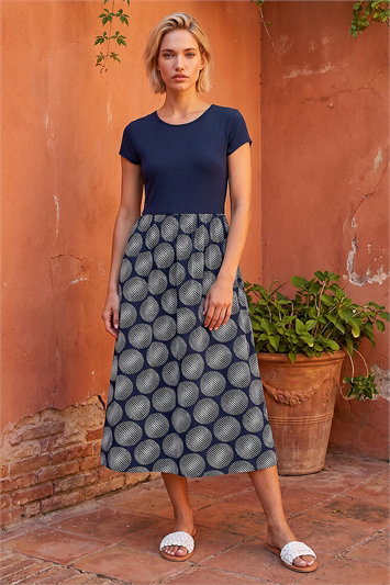 Blue Contrast Geo Print Stretch Midi Dress