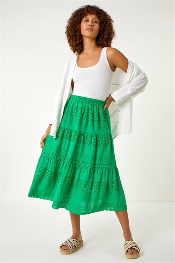 Broderie Cotton A-Line Midi Skirt 17059734