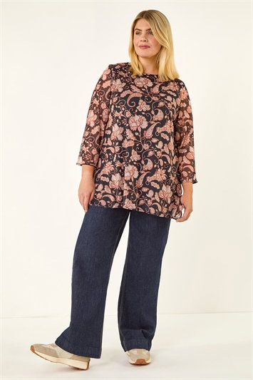 Curve Print Mesh Tunic Top 19459306