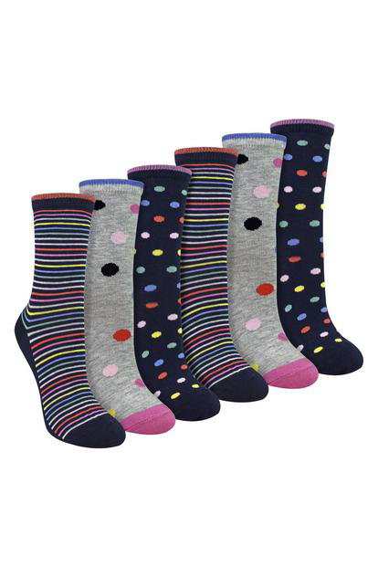 Multi 6 Pairs Ladies Spots And Stripe Patterned Socks- Soft Cotton Rich Everyday Socks
