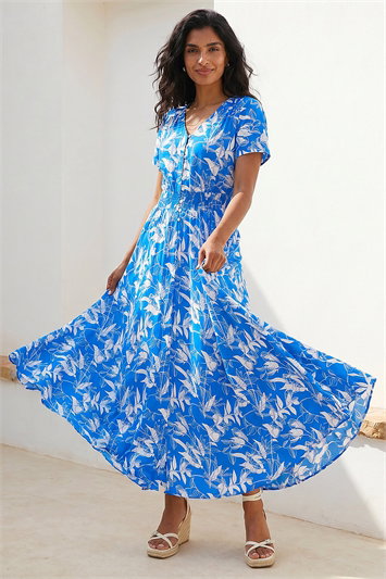 Blue Floral Print Button Detail Maxi Dress