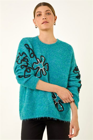 Blue Sparkly Floral Knit Jumper