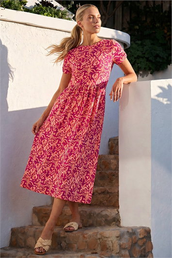 Orange Petite Abstract Print Gathered Midi Dress