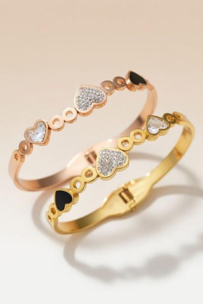 Metallic Three Heart Shape Zircon Couple Love Fashion Open Bangle Bracelet