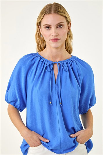 Blue Tie Front Raglan Sleeve Top