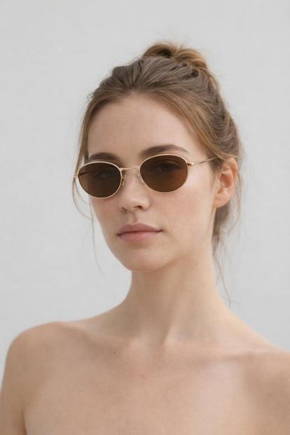 Brown Metal Oval Cat Eye Sunglasses In Brown