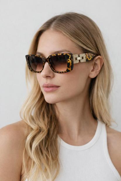 Black Rectangle Cateye Side Detail Sunglasses In Leopard