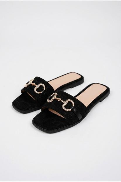 Black Bella Womens Rhinestone Horsebit Slide Sandals