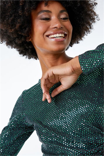 Green Sequin Ruched Waist Jersey Top