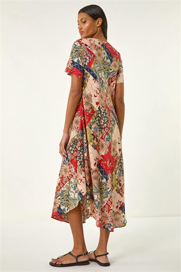 Patchwork Print Curved Hem Midi Dress 14716978
