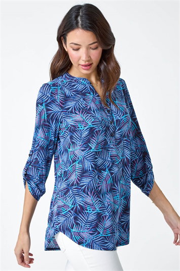 Leaf Print V-Neck Stretch Jersey Blouse 19266409