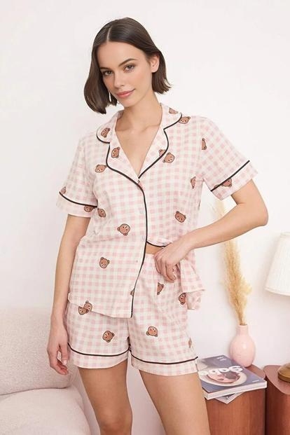 Multi Bear Print Check Short Sleeve Pyjama Lounge Short Set