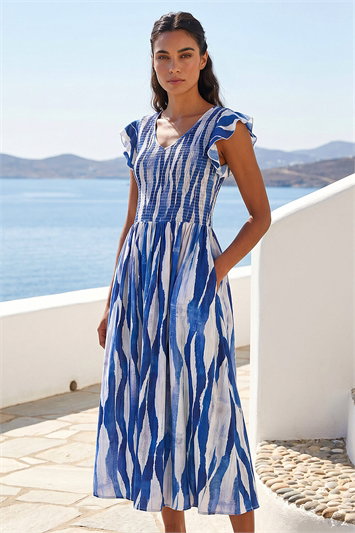 Blue Wave Print Shirred Midi Dress