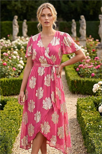 Pink Jacquard Midi Wrap Dress