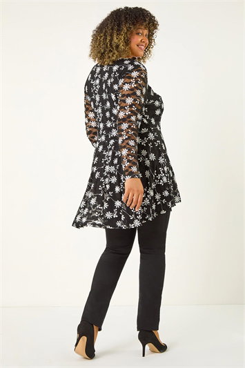 Curve Floral Print V-Neck Zip Front Top 19319108