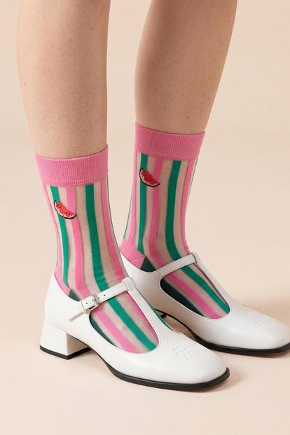 Multi Watermelon Stripes Combed Cotton Sheer Pop Socks In Pink