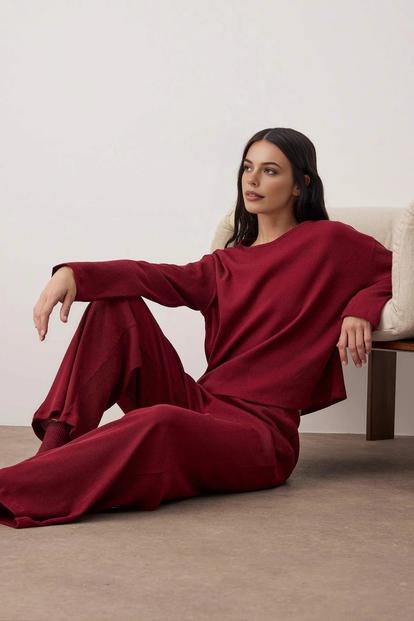 Black Soft Touch Long Sleeve Pyjama Top And Wide Leg Trouser Set