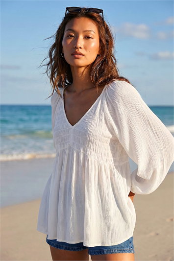 White Shirred V-Neck Top