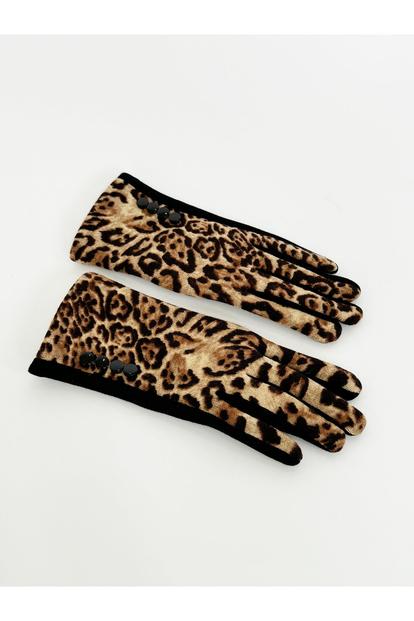 Multi Leopard Print Gloves With Black Buttons
