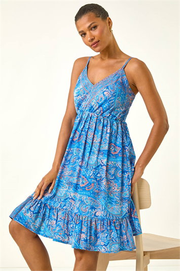 Blue Paisley Print Strappy Frill Dress