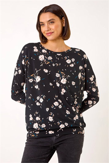 Black Floral Print Drop Shoulder Stretch Top