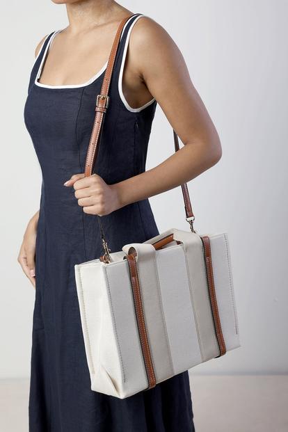 White Margaret Canvas Stripe Tote Bag With Cross Body Strap