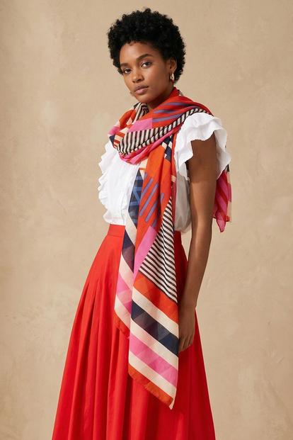 Multi Block Stripe Lightweight Cotton Scarf In Pink