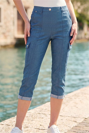 Blue Cropped Cargo Stretch Trouser