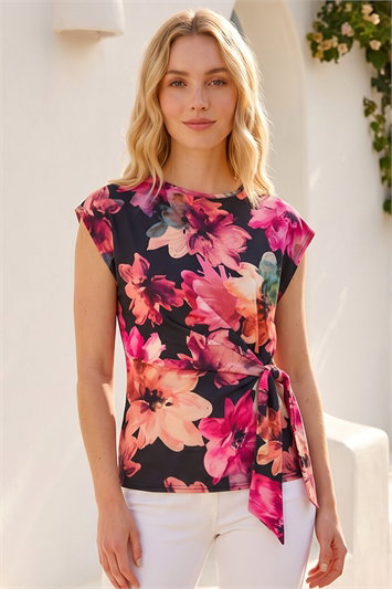 Pink Floral Print Tie Front Top