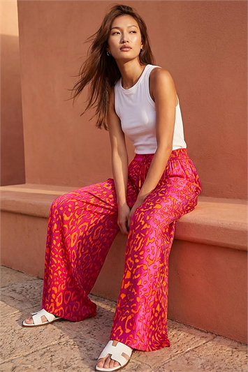 Pink Animal Print Crinkle Trouser