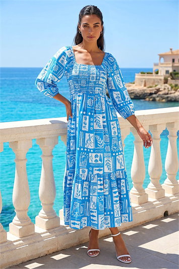 Blue Seashell Tile Shirred Midi Dress