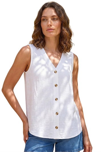 White Petite V-Neck Front Button Up Blouse