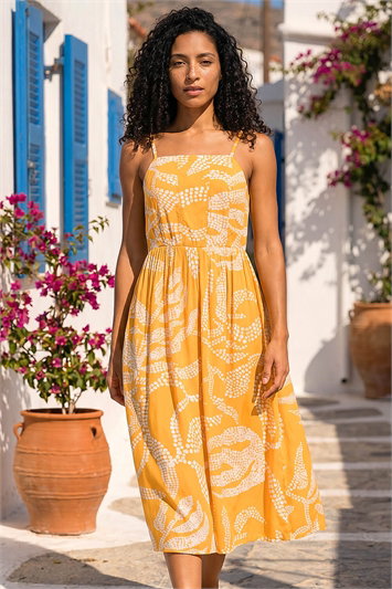 Yellow Leaf Print Strap Midi Dress