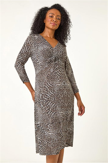 Petite Animal Print Twist Stretch Midi Dress 14665106