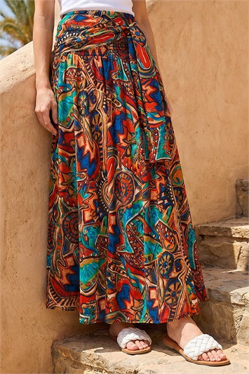 Orange Abstract Print Belted Maxi Skirt