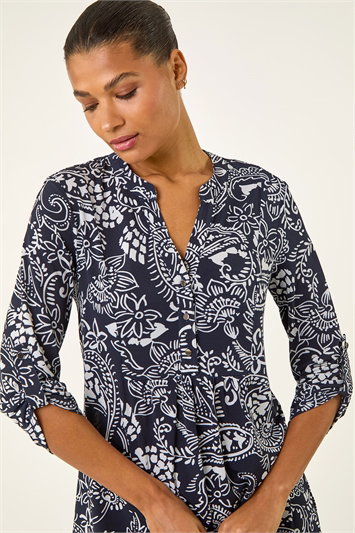Blue Abstract Print Buttoned Tunic Top