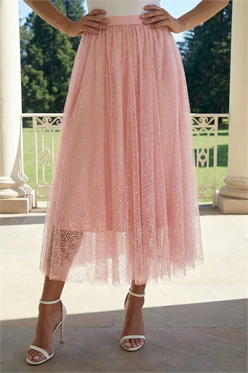 Pink Polka Dot Print Elasticated Mesh Skirt