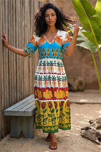 Tropical Print V-Neck Maxi Dress 14705578