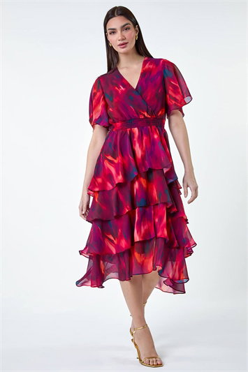 Abstract Print Chiffon Tiered Midi Dress 14332995