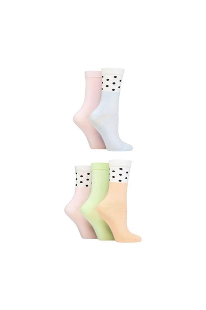 Cream 5 Pack Ladies Jacquard Patterned Crew Socks