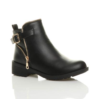 Black Low Heel Gold Zip Ankle Boots